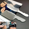 A set of professional flat top hair cutting combs shown in various angles and with a hand for scale.