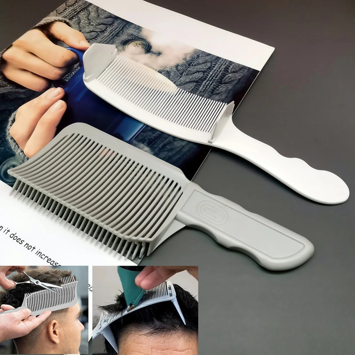 A set of professional flat top hair cutting combs shown in various angles and with a hand for scale.