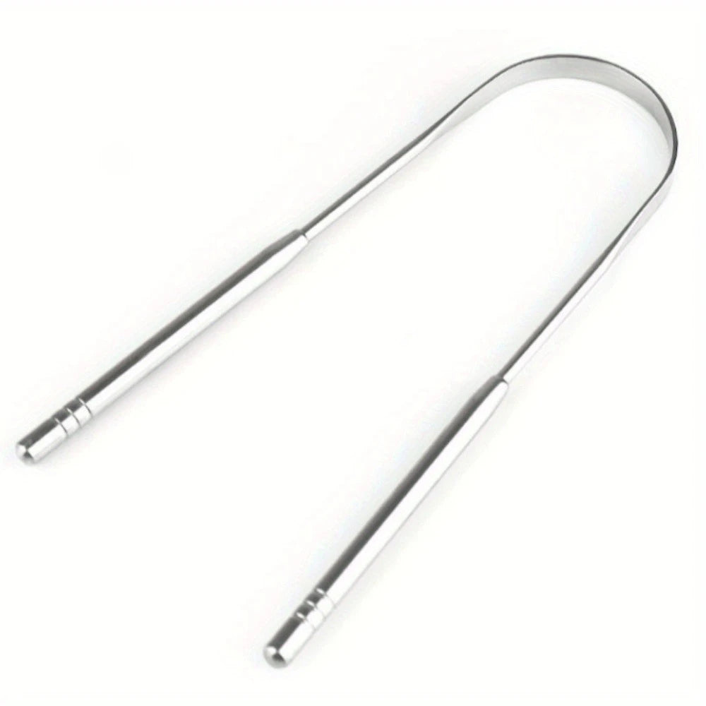 Set of stainless steel tongue scrapers with two handles for oral hygiene