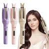 A woman is shown holding a ceramic hair curler in various colors, including purple, pink, and beige.