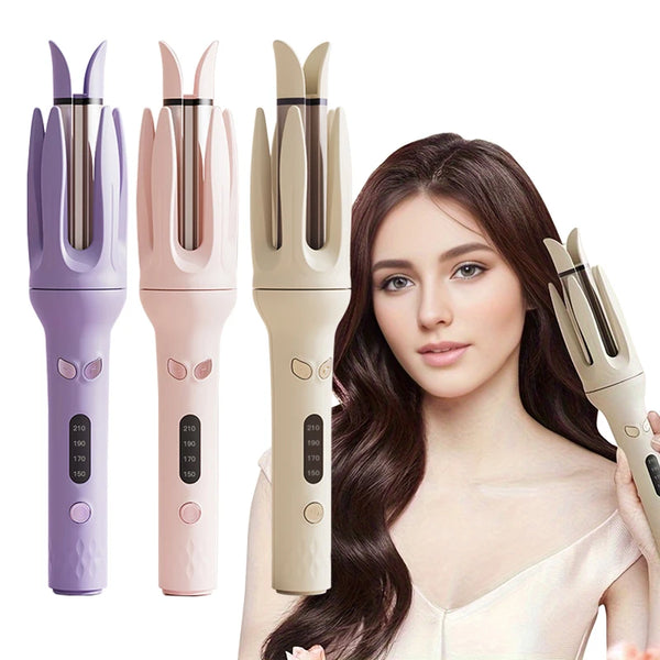 A woman is shown holding a ceramic hair curler in various colors, including purple, pink, and beige.