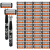 Un ensemble de rasoirs manuels de 7 couches de précision, noirs et oranges, dans un présentoir à grille.