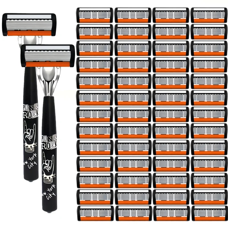 Un ensemble de rasoirs manuels de 7 couches de précision, noirs et oranges, dans un présentoir à grille.