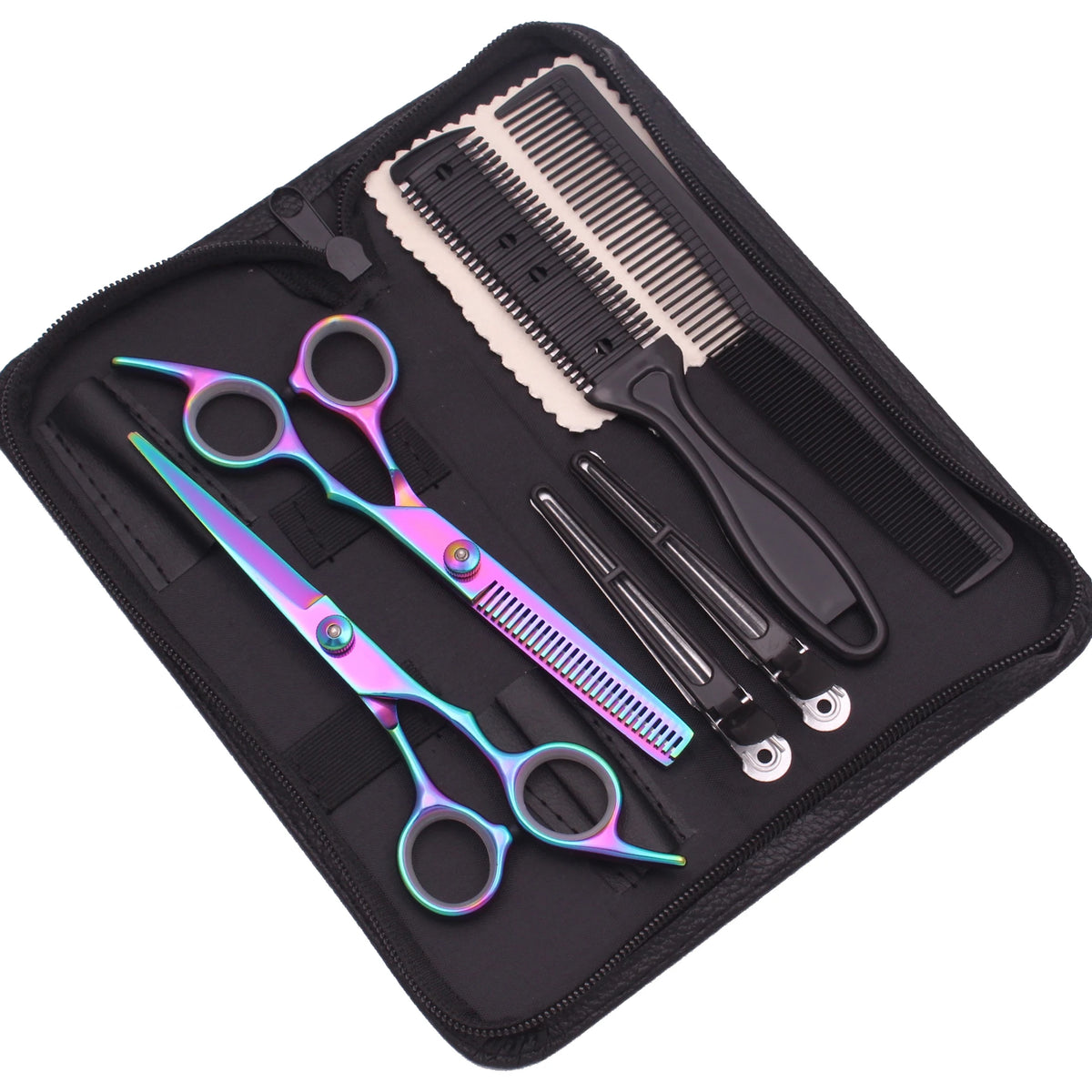 A black case holding professional stainless steel hairdressing scissors and a comb.