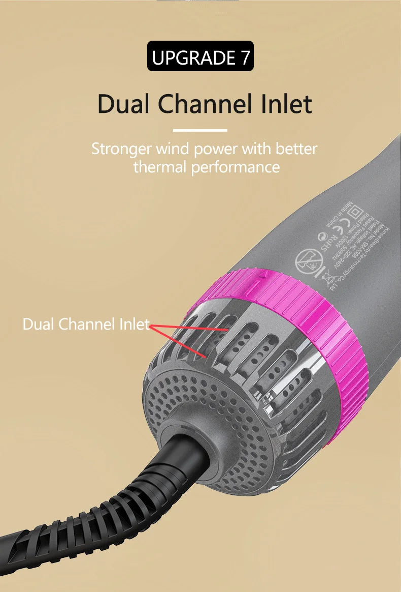 Nahaufnahme eines grauen Heißluftpflegebürsten mit rosa Akzent, die die Dual-Channel-Einlassfunktion zeigt.