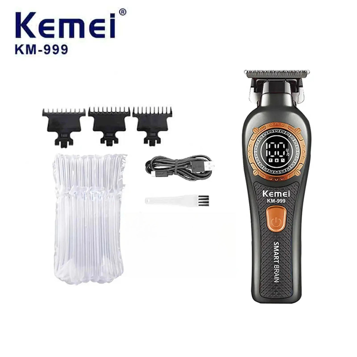 Kemei KM-999 cordless electric hair clipper with a black body and orange display