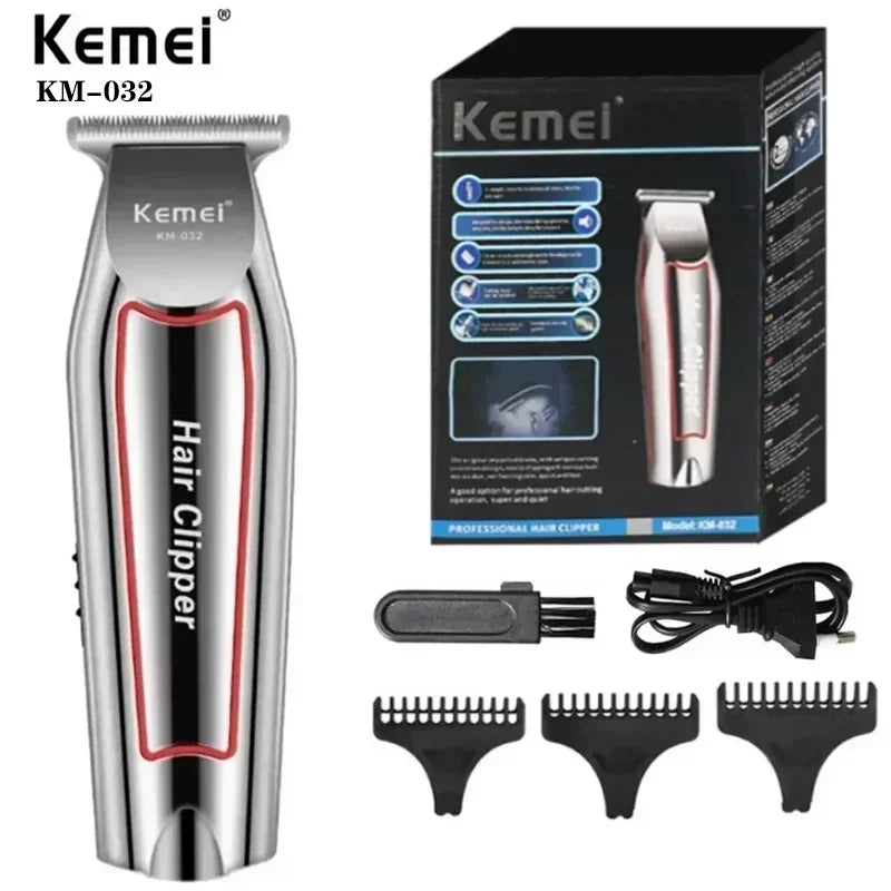 A Kemel KM-032 professional electric hair clipper with various attachments shown in a box.
