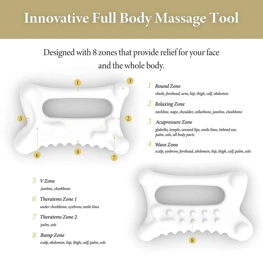 White resin facial gua sha massage tool designed with 8 zones for full body relief.