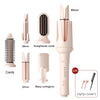 A set of pink ceramic hair styling tools including a straightener comb, a wavy curling iron, and a rotating curler.