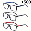 Un juego de tres gafas de lectura rectangulares vintage en marcos negros, azules y rojos.