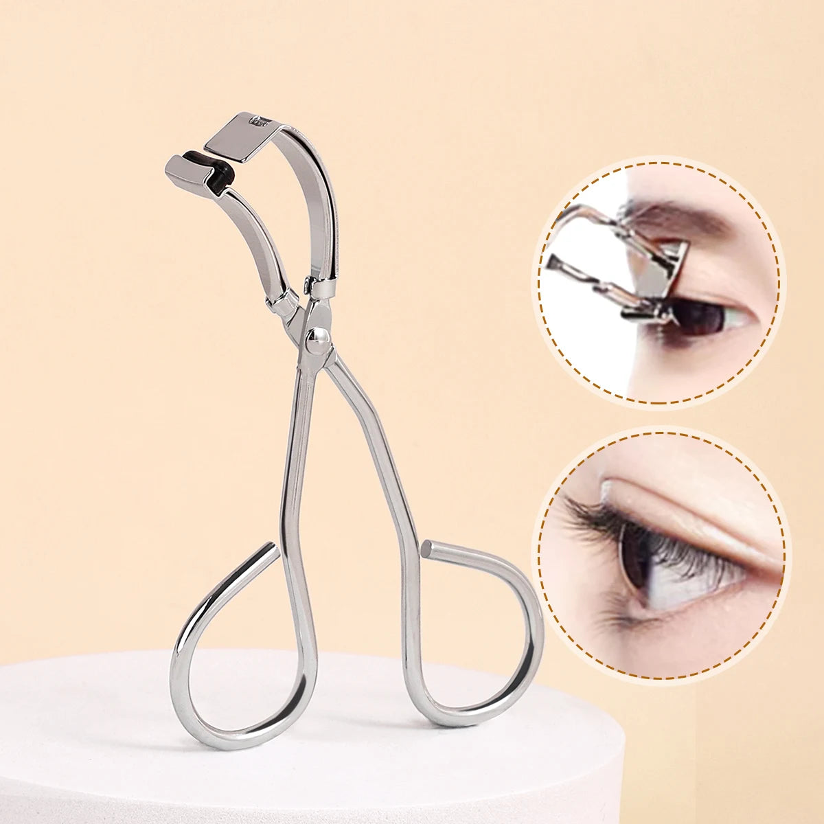 Stainless steel wide-angle eyelash curler shown with close-up views of its use on an eye