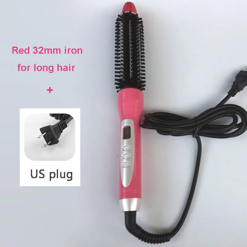 A red 32mm iron for long hair with a black cord and US plug visible.