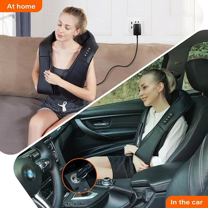 Eine Frau benutzt einen schwarzen Deep-Tissue Shiatsu Nacken- und Schultermassierer im Autositz.