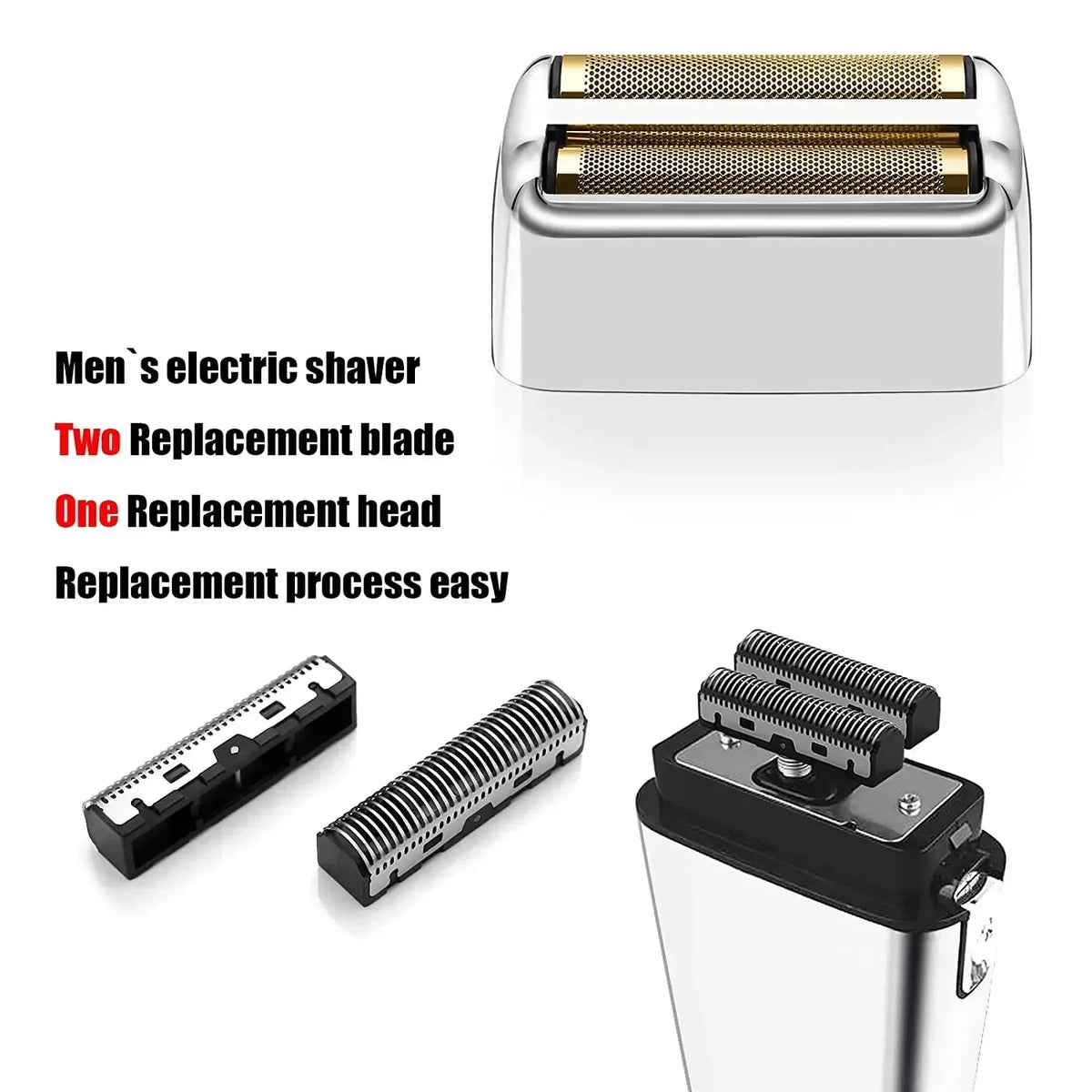 Silver electric shaver with replacement blades and head components shown for easy replacement