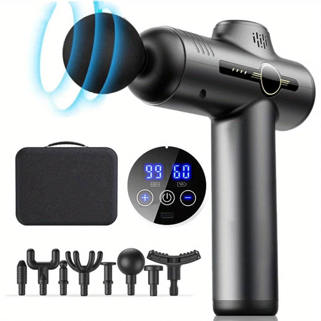 A black professional muscle massage gun with various massage attachments and a portable case.