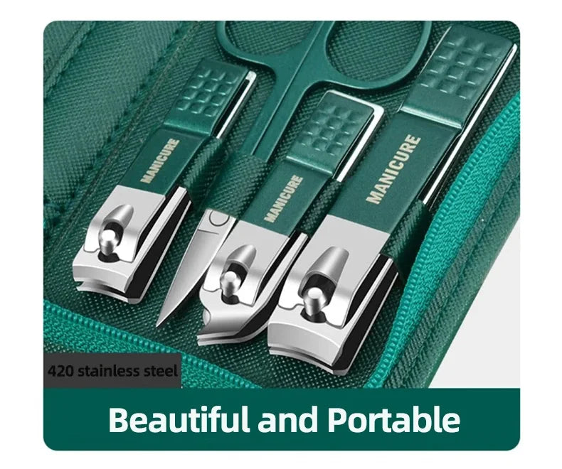A green case holds a professional stainless steel manicure kit with precision tools.