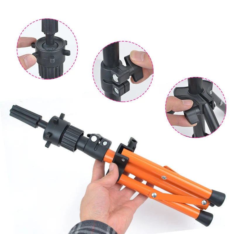 An adjustable wig stand tripod in black and orange is shown with close-up views of its components.