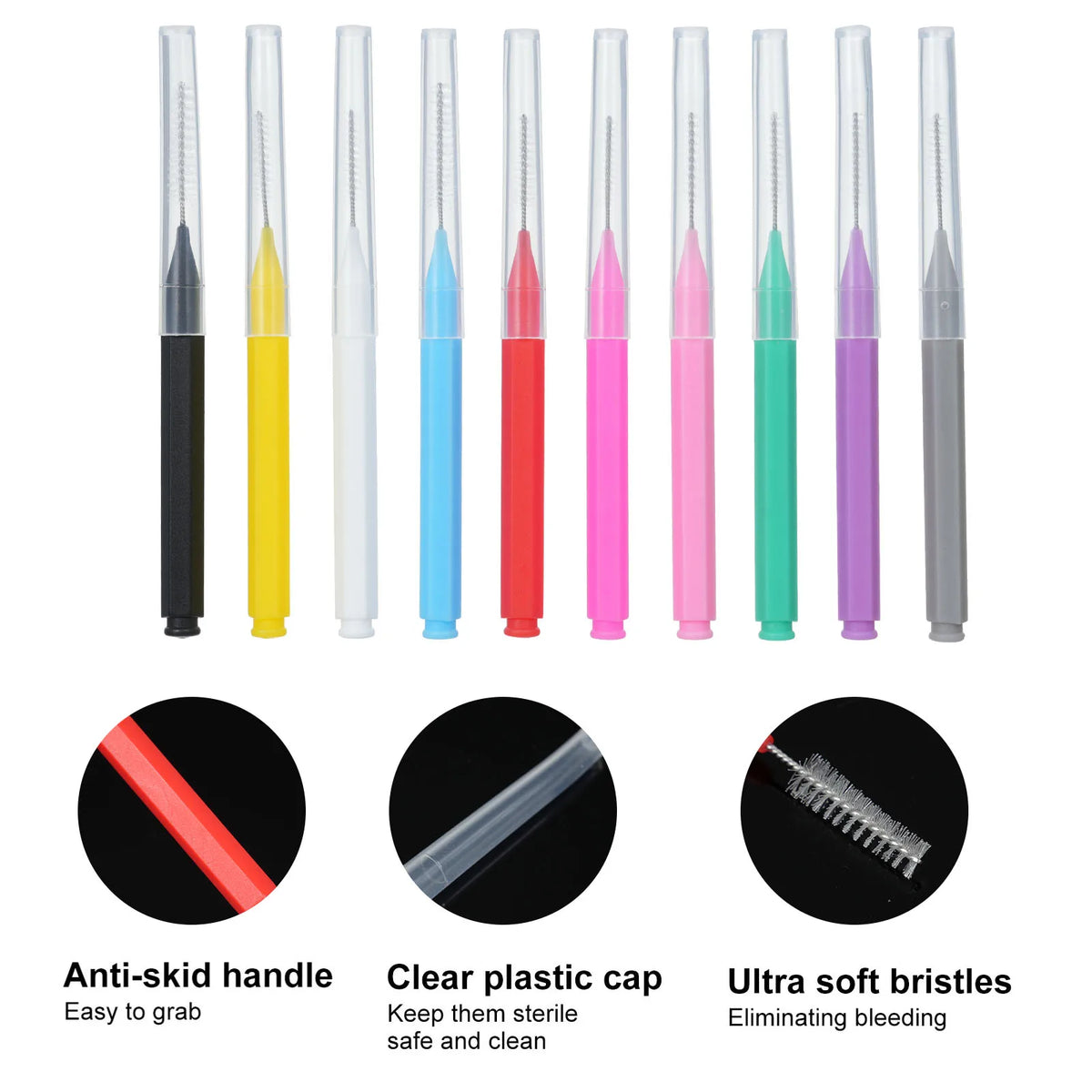 Collection de brosses interdentaires de précision dans diverses couleurs : noir, jaune, blanc, bleu, rouge, rose, et