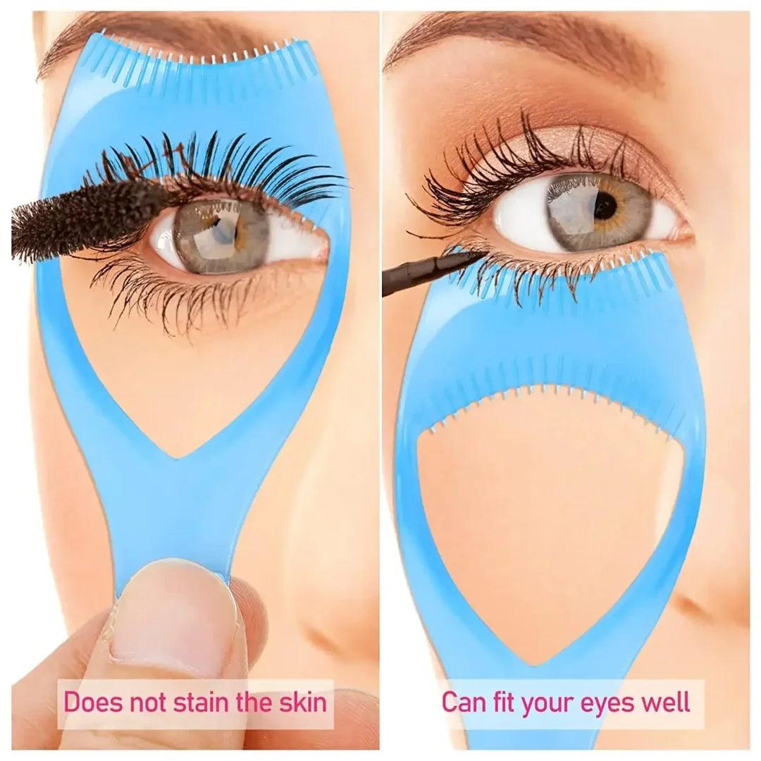 Un kit d'applicateur bouclier en silicone bleu pour mascara, montré en cours d'utilisation sur un œil, démontrant son ajustem
