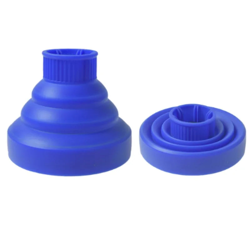 Blue silicone hairdryer diffuser cover with multiple concentric rings.