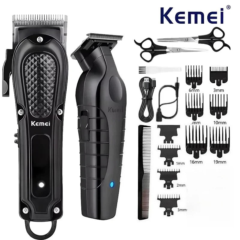 A black Kemei cordless hair clipper and scissors set with various guard attachments.