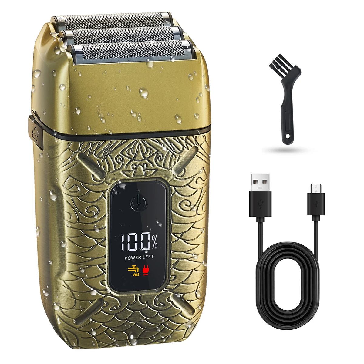 A gold-colored electric shaver with a textured body and a black charging cable and a shaving brush.
