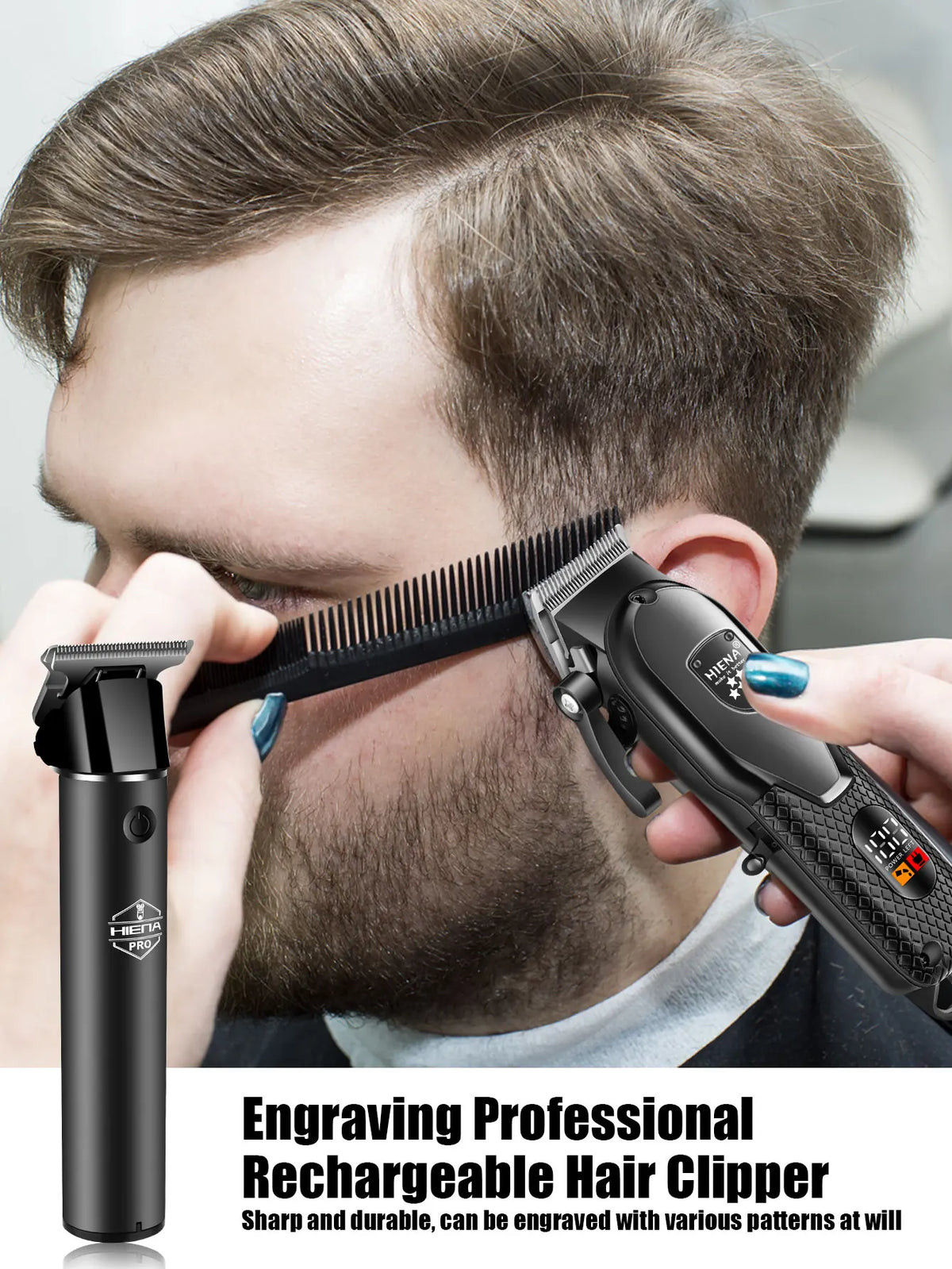 A man is using a black rechargeable hair clipper to engrave patterns onto his beard.