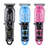 Three professional rechargeable hair trimmer clippers in black, blue, and pink colors.