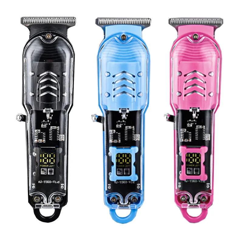 Three professional rechargeable hair trimmer clippers in black, blue, and pink colors.
