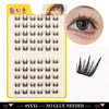 A set of artificial cluster eyelash extensions for application, showing various lash styles and a close-up of an eye.