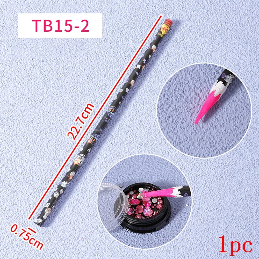 A long nail art rhinestone wax picker pencil labeled TB15-2 with a pink tip and an inset showing the product in a jar.