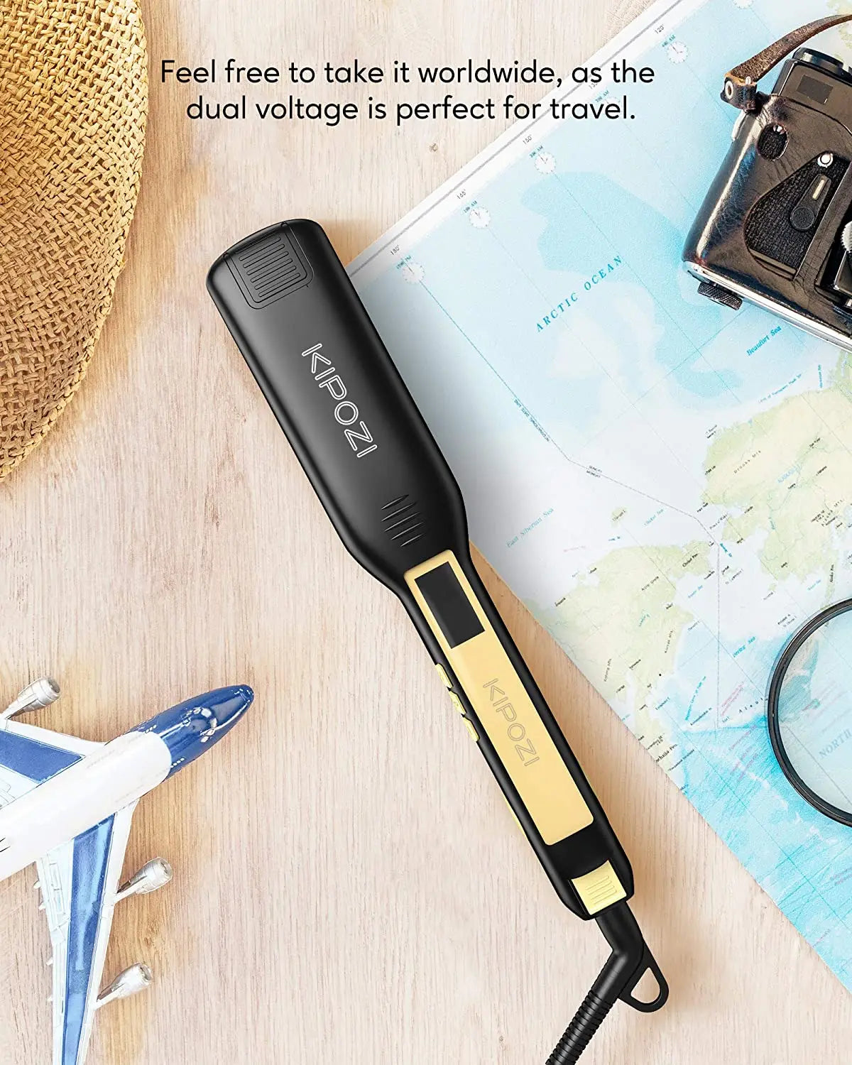 A black hair straightener with a gold accent is shown next to a map and a straw hat, suggesting travel.