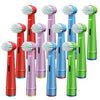 A collection of ten replacement toothbrush heads in various colors including red, pink, blue, and green.