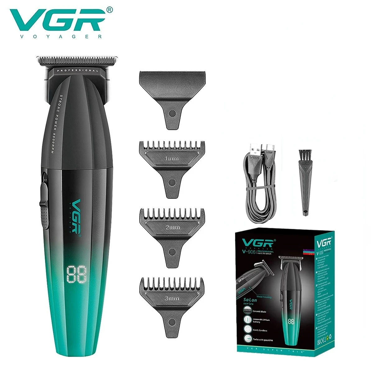 A set of VGR professional cordless hair trimmers in black and green packaging.