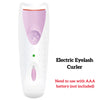 A white electric eyelash curler with a pink and purple design, requiring an AAA battery.