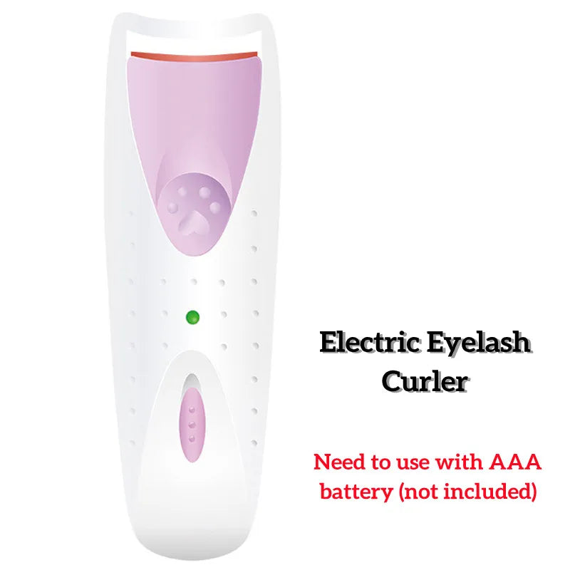 A white electric eyelash curler with a pink and purple design, requiring an AAA battery.