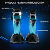 Two professional electric hair trimmers shown with features like DLC blade, lever, LED display, and charging dock.