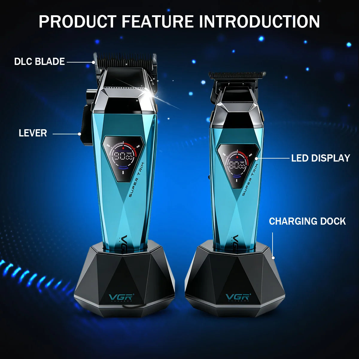 Two professional electric hair trimmers shown with features like DLC blade, lever, LED display, and charging dock.