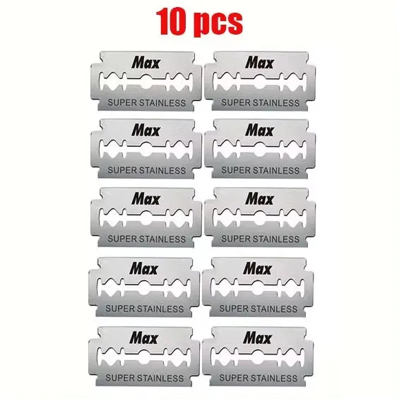 A set of ten stainless steel double-sided razor blades packaged for sale.