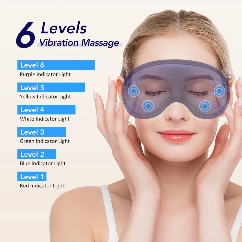 A woman is applying a multi-level vibration massage eye mask to her eyes.