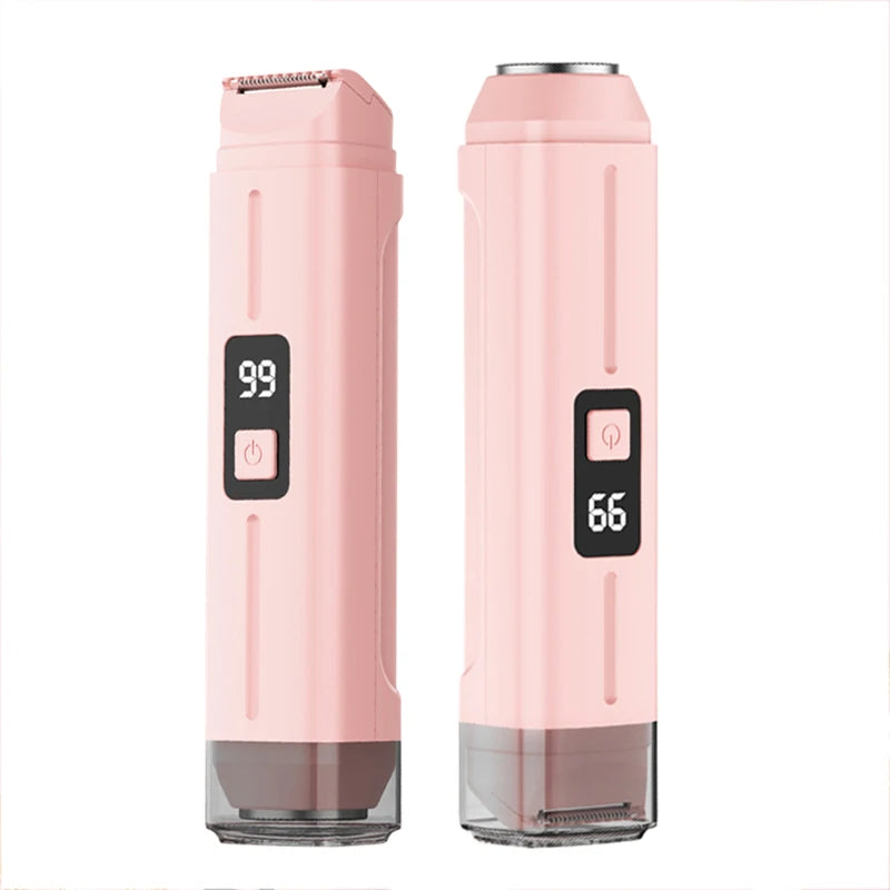 Afeitadora eléctrica rosa 2 en 1 con base transparente y pantalla digital mostrando 99 y 66.