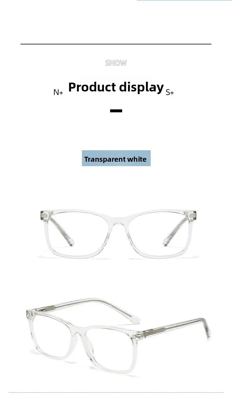 Transparent white eyeglasses frame with metal clips shown in multiple views.