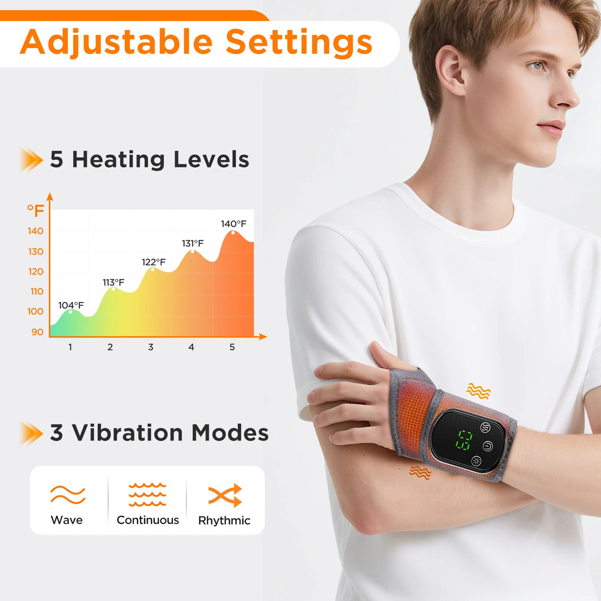 A man wears an orange heating and massage wrist brace with adjustable settings for heat and vibration.