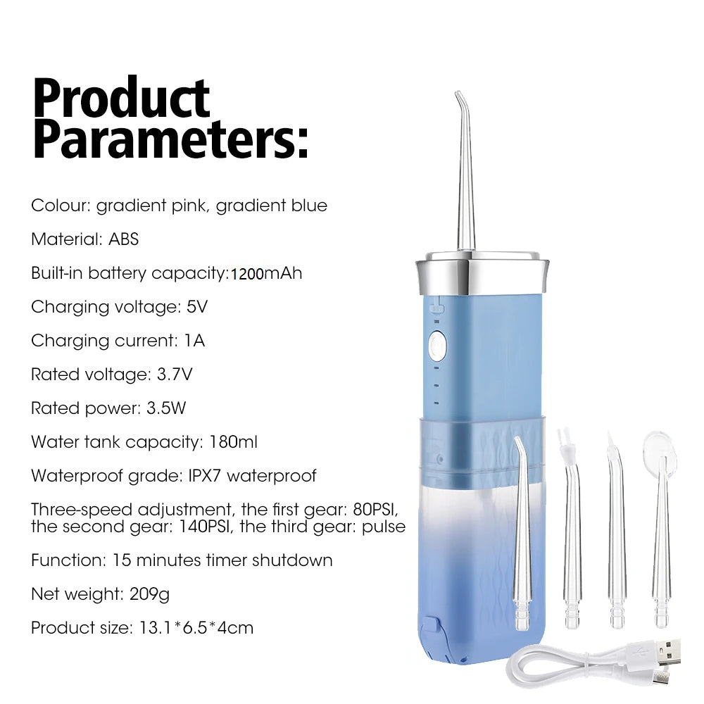A blue portable high-pressure oral irrigator with a silicone tip and charging cable.