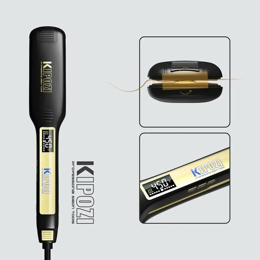 A black professional titanium flat iron hair straightener shown in various views.