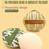 A yellow and white marshmallow series makeup sponge puff is shown next to a green and white one.