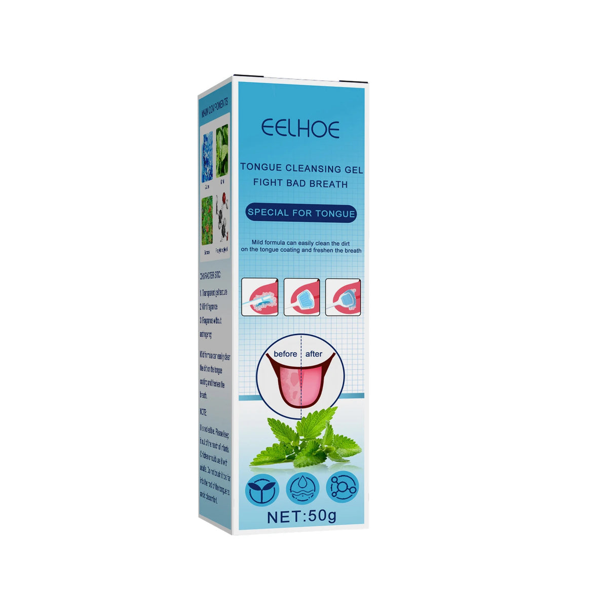 Caja de gel limpiador de lengua de EELHOE para mal aliento con diagramas y una hoja de menta.