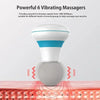 A white vibrating massager is shown above a pink surface, illustrating its massage function.