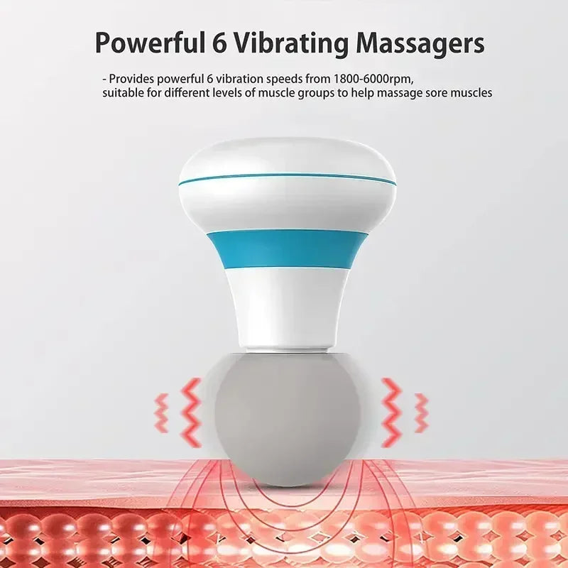 A white vibrating massager is shown above a pink surface, illustrating its massage function.