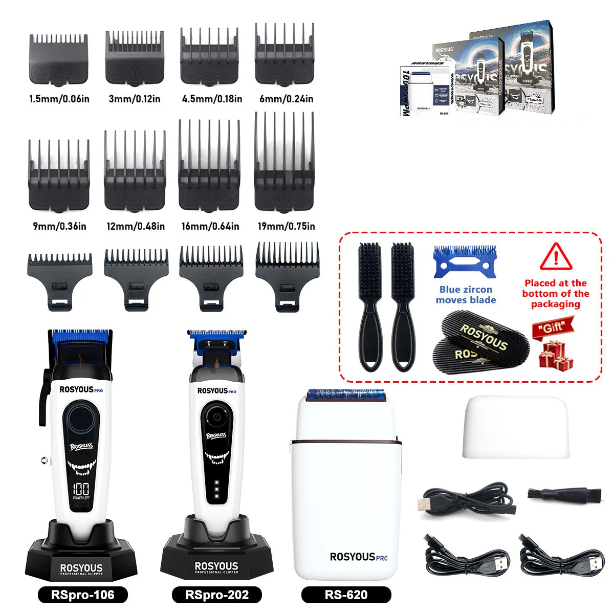 A collection of Rosyous electric hair clippers and accessories including various sizes and attachments.